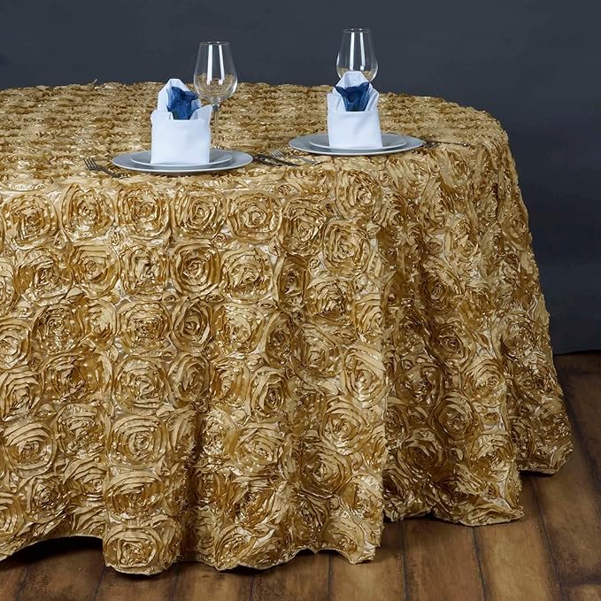 Efavormart 132" Wholesale Round Table Cover Champagne Grandiose Rosette 3D Satin Tablecloth for Wedding Party Event Decoration