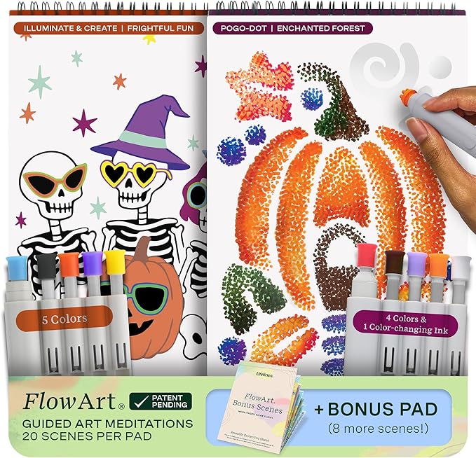 Lifelines FlowArt Activity Pad, 2-Pack Fall Set + Bonus Pad - Guided Art Meditations with Markers - Illuminate & Create and Pogo-Dot - Coloring Books for Teens, Adults & Seniors