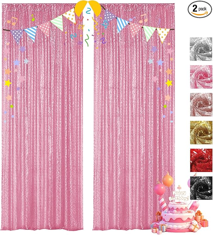 VOK Pink Sequin Backdrop Curtains 2 Panels 2FTx8FT Glitter Photography Background for Wedding Birthday Christmas Party Decorations