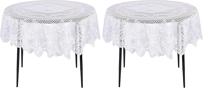 Juvale Round Lace Tablecloth - 59-Inch White Polyester - Scalloped Edge Circle Tablecloth with Floral Overlay & Vintage Decor for Wedding Receptions & Home (Pack of 2)