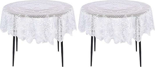 Juvale Round Lace Tablecloth - 59-Inch White Polyester - Scalloped Edge Circle Tablecloth with Floral Overlay & Vintage Decor for Wedding Receptions & Home (Pack of 2)