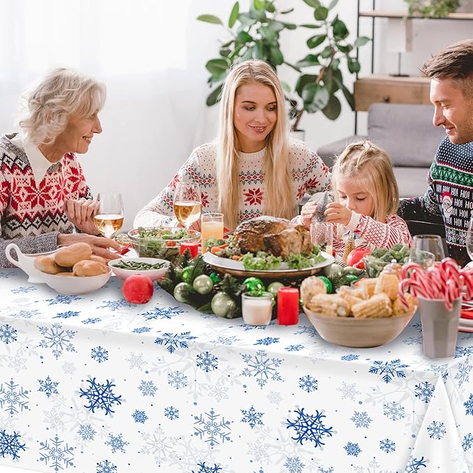 8 Pieces Snowflake Christmas Party Tablecloth Decorations,Plastic White Snowflake White Blue Xmas Backdrop Sign Table Cover Banner for Winter Christmas Holiday Party Supplies,54x108 inch（White/Blue）