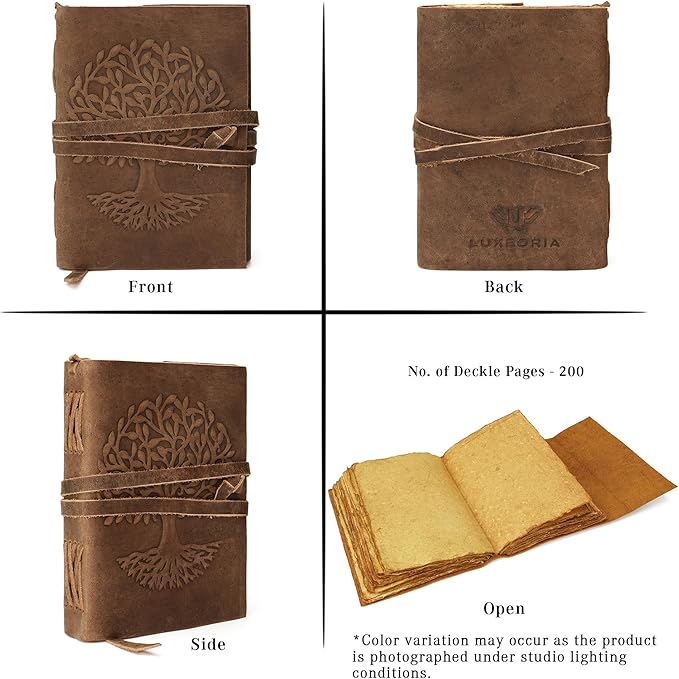LUXEORIA Tree Of Life Leather Journal for Women and Men, Handcrafted Leather Journal for Writing Womens, Sketchbook, Travel Diary with Unlined Deckle Paper, Distressed Brown 5x7
