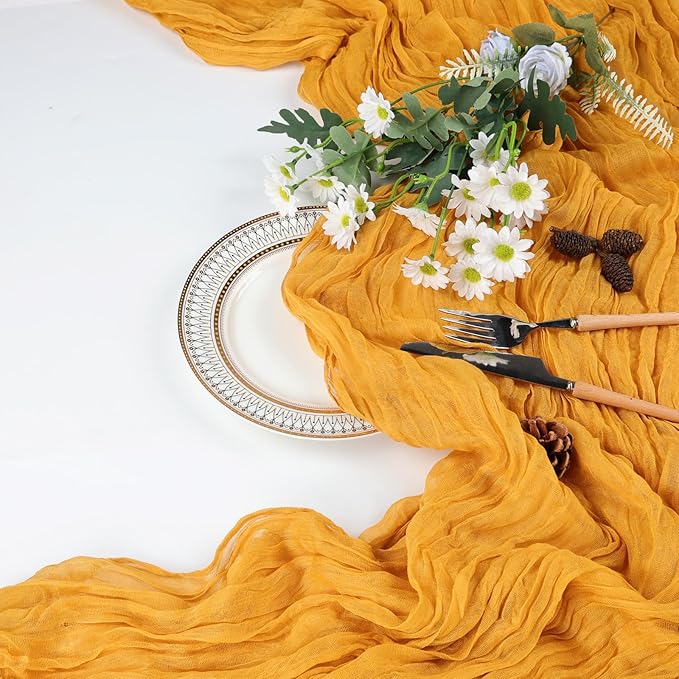 6 Pack Gold Cheesecloth Table Runner 10ft Boho Gauze Fabric Cheese Cloth Table Runner 35 x 120 Inch Rustic Sheer Runner for Romantic Wedding Decor Baby Shower Party Table Centerpiece Decoration
