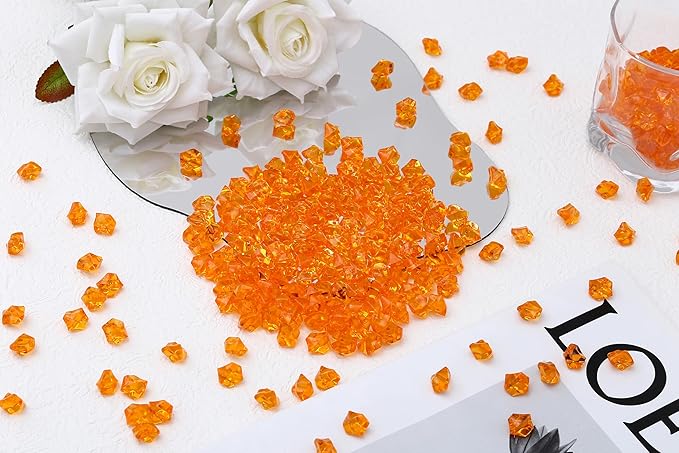 LAIDANLA 500PCS Orange Acrylic Gems Vase Fillers Plastic Diamonds Orange Fake Ice Cubes Fake Crushed Rocks for Centerpiece DIY Party Table Scatter Prop Wedding Decoration Accessories