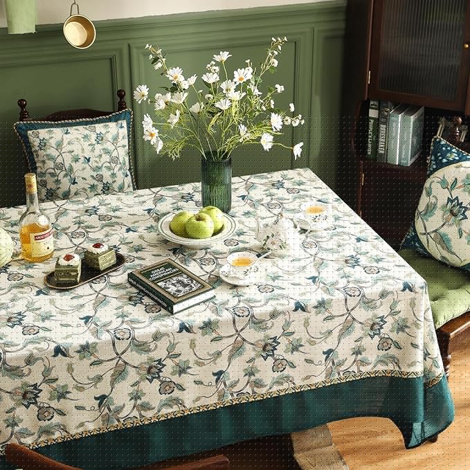 patdrea Designer Green Linen Table Cloth for Rectangle Table,Vintage Floral Pattern Durable Tablecloth,French Cover Decor for Kitchen Dining,Christmas,Thanksgiving,Tea Party,63"x87"-Noah