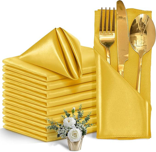 12 Pieces Gold Satin Napkins, 17" x 17" Square Table Napkins, Silky Soft Smooth Washable Napkins for Restaurant, Weddings, Dinner, Party Decoration