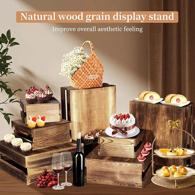 8 Pcs Buffet Risers with Mini Signs, Rustic Wood Cake Stands, Food Risers for Buffet Table, Dessert Display Stand, Wood Crates, Rustic Cake Stand for Party, Wedding, Birthday, Baby Shower, 4 Sizes