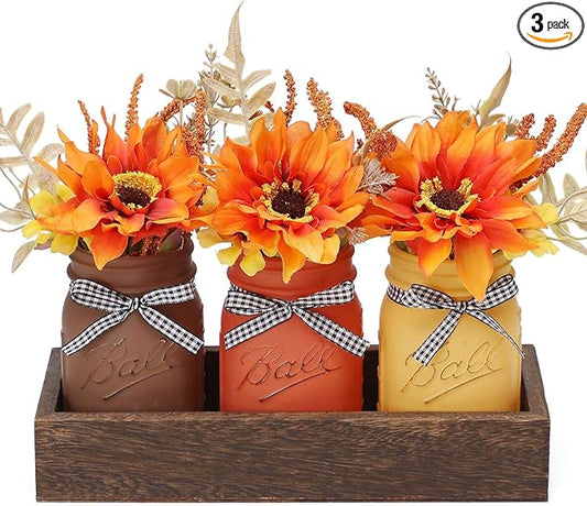 Fall Mason Jar Centerpiece for Table with Artificial Flowers, Set of 3 Thanksgiving Mason Jars Farmhouse Painted Decorative Jars for Thanksgiving Fall Home Decor, Thanksgiving Dinner Table Centerpiece