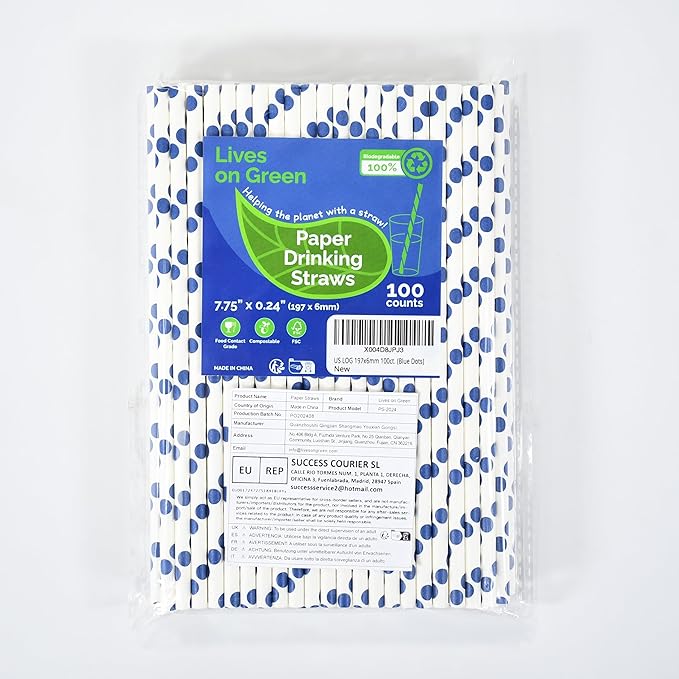 100 Counts Blue Polka Dots Paper Disposable Drinking Straws 7.75 inch, 0.24" Dia. - for Cocktail, Juice, Bar, Restaurant