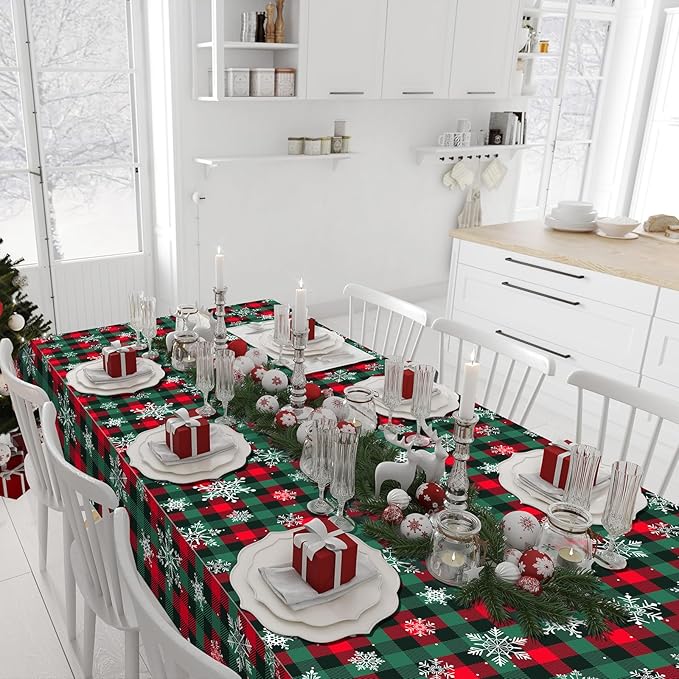 4.5x 100 Ft Roll of Christmas Buffalo Plaid Plastic Tablecloth Decorations,Disposable Red Green Snowflake Table Cover Photography Backdrop with Cutter Box for Christmas Holiday New Year Party Supplies