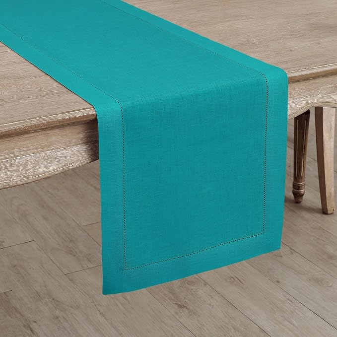 Solino Home Linen Teal Table Runner 108 Inches Long - 100% Pure Linen Hemstitch 14 x 108 Inch Table Runner for Dining, Fall, Autumn, Thanksgiving, Christmas - Classic Hemstitch