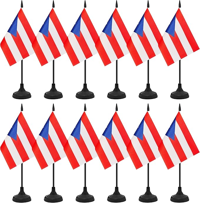 12 Pack Puerto Rico Desk Flag Set, Puerto Rican Table Office Flag, Small Miniature Desktop Flag With Black Pole and Black Base, Classroom, Offices Meeting Desk Decoration (Puerto Rico)