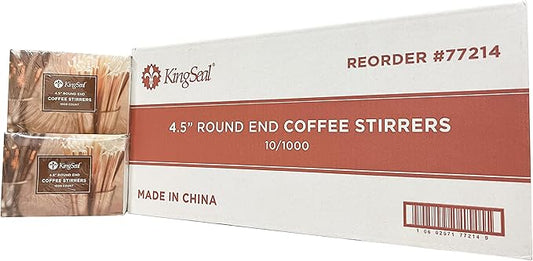 10,000 Count | KingSeal Natural Birch Wood Coffee Beverage Stirrers, Stir Sticks, Waxing Sticks, Popsicle Sticks, 4.5 Inches, Round End - 10 Boxes x 1000 Stirrers