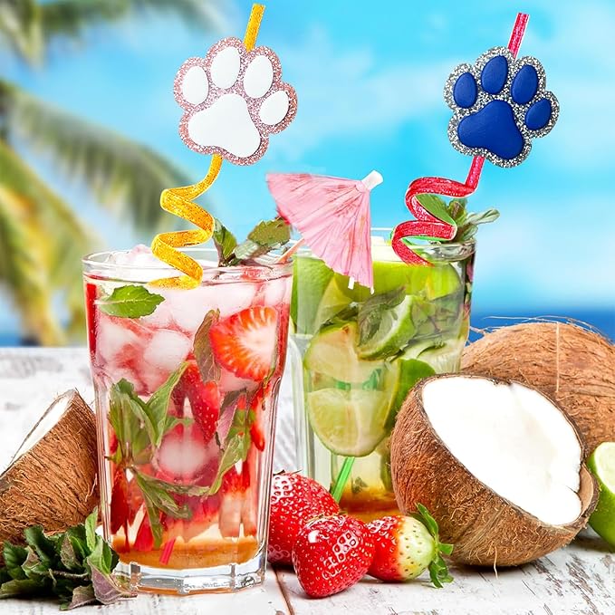 24 Glitter Paw Glitter Straws Birthday Party Decorations With 2pc Cleaning Brush for Pet Dog Puppy Pals Cat Birthday Party Decorations Supply Favors Reusable Straws