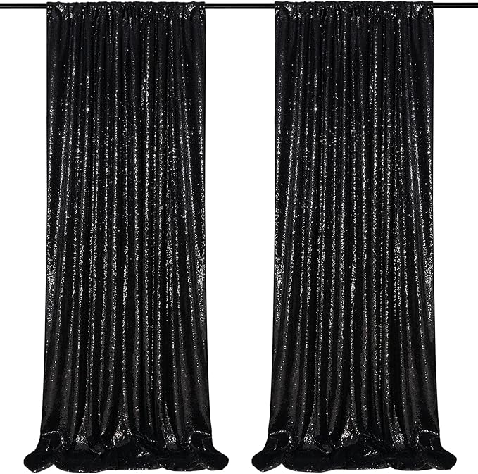Black Sequin Backdrop 2 Panels 2FTx8FT Halloween Backdrop Curtains Party Decorations Birthday Wedding Photo Backdrop