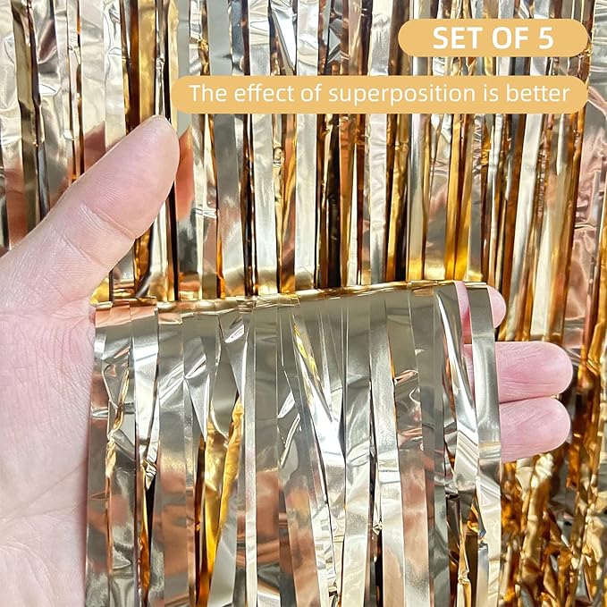 5 Pack Champagne Gold Fringe Curtains (3.2ft x 8.2ft) for Birthday, Wedding, Christmas Decoration