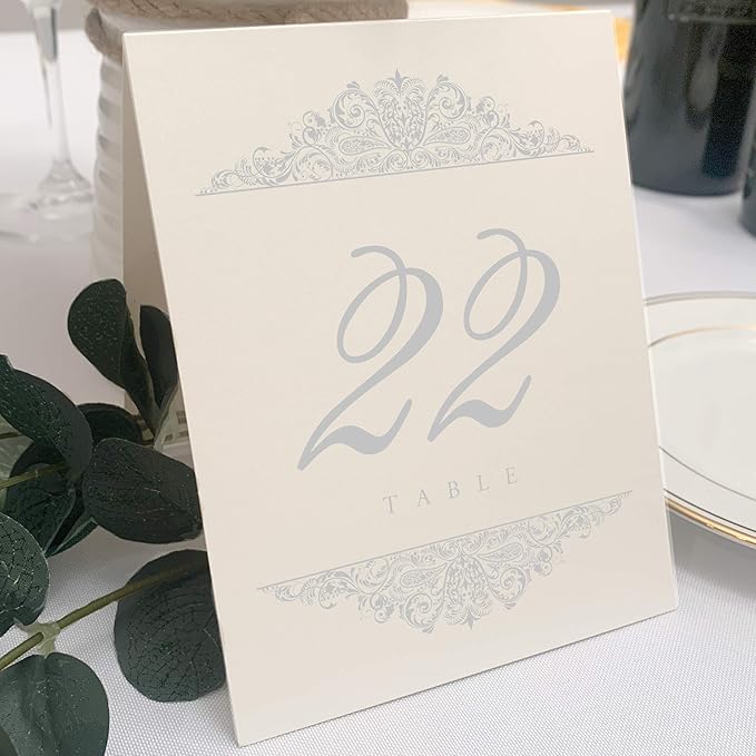 Paisley Wedding Table Numbers (Select Color/Quantity), Champagne, Silver, 1-90, Double Sided, Tent or Use in a Stand, Great for Parties & Restaurants - Made in the USA