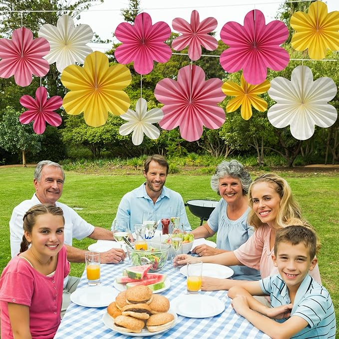 BestoFun 12 PCS Paper Flowers Fans Pink and Yellow Party Decorations Paper Flowers Decorations for Wall Girl Groovy Birthday Baby Shower Wedding Bachelorette Room Hanging Décor