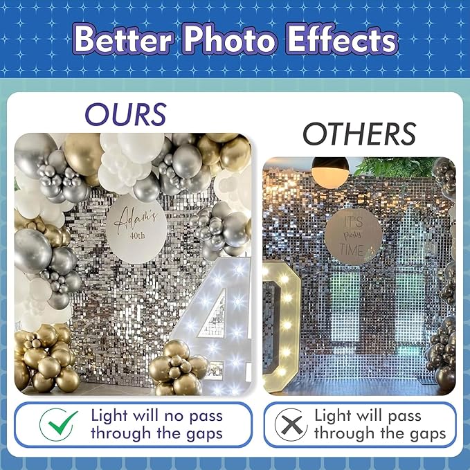 Qcity Champagne Gold Shimmer Wall Backdrop 36PCS, Black Back Not See-Through Design, Square Sequin Glitter Backdrop Panel, Perfect for Outdoor Events, Birthdays, Wedding and Party Decoration