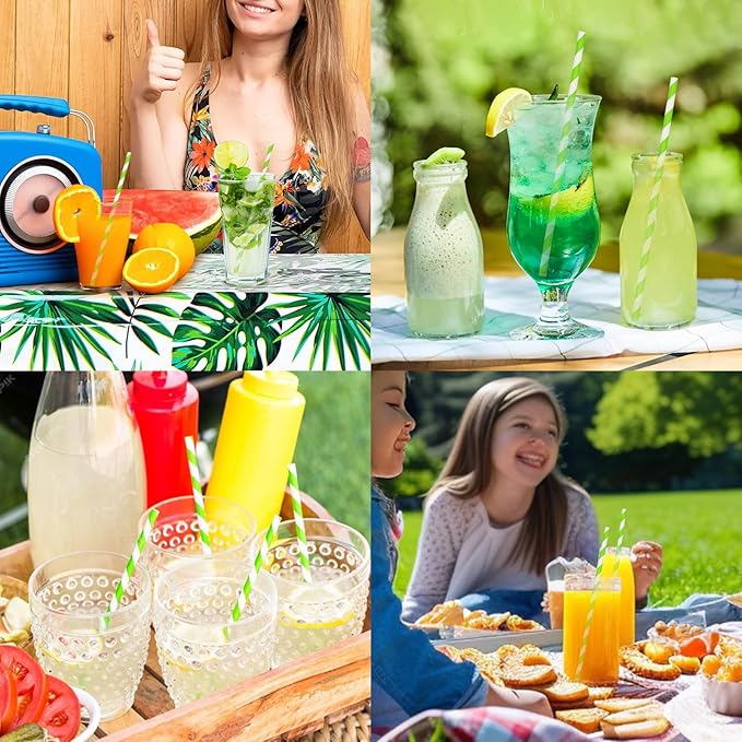 7.75'' x 0.24'' Disposable Party & Daily Paper Drinking Straws Green White Striped 100 Counts - Biodegradable & Compostable