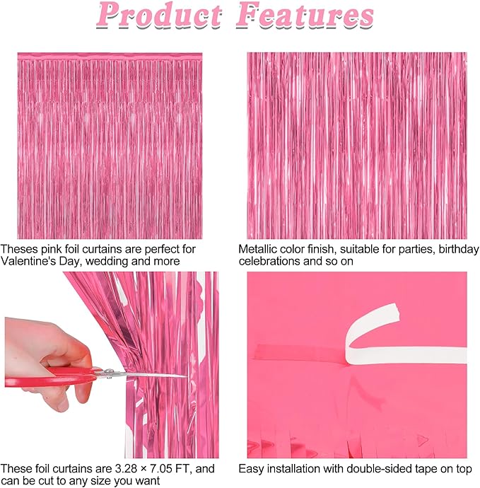 2 Pack Pink Party Decorations, 3.28 FT x 7.05 FT Pink Backdrop, Metallic Tinsel Backdrop Fringe Curtains Backdrop Curtains, Photo Backdrop Party Supplies Birthday Party Decorations
