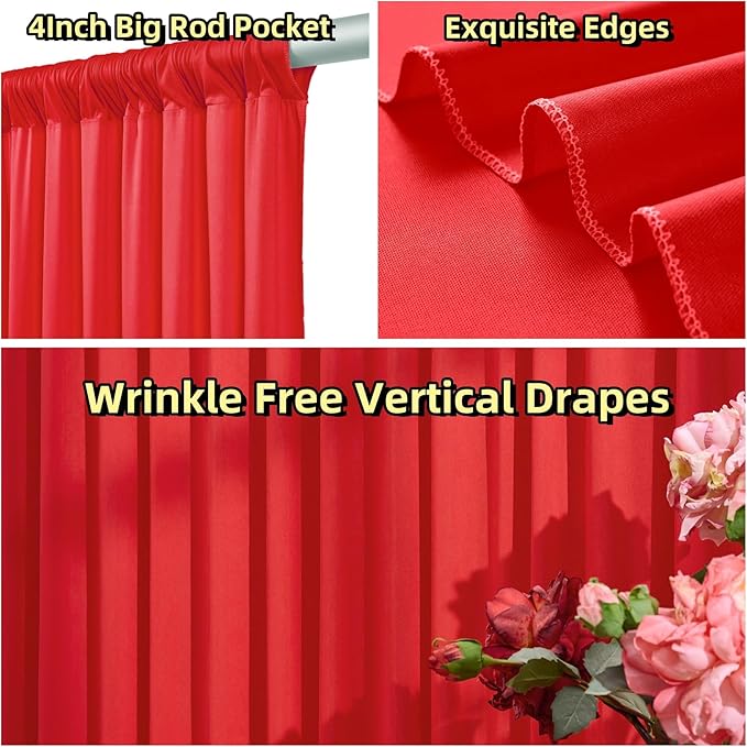 10 ft x 20 ft Wrinkle Free Red Backdrop Curtain for Parties, Polyester Photography Backdrop Drapes for Birthday Party Baby Shower, Thick Background Curtain for Backdrop Stand, 4 Panels 5 ft x 10 ft