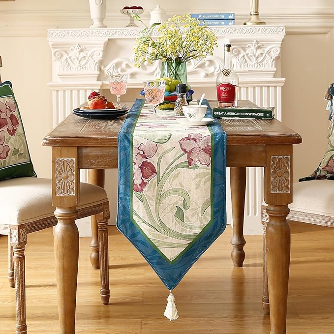 patdrea Designer Elegant Bright Linen Extra Long Table Runner 118 Inch Long, Mauve Iris Floral Pattern Table Mat, Decoration for Kitchen Dining Coffee Table Cabinet Banquet Christmas ,12"*118"