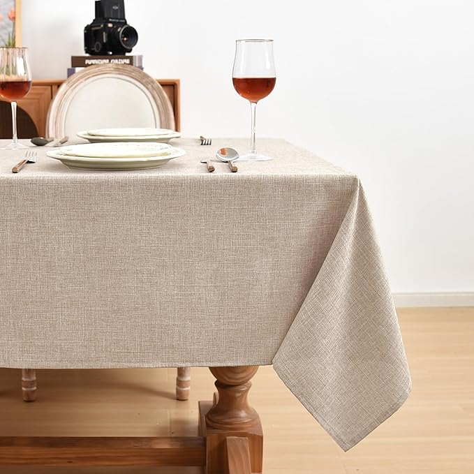 Fitable Linen Textured Beige Tablecloths 2 Pack, Faux Burlap Fabric Rectangle Table Clothes for 8 Foot Tables, Rustic Table Covers for Kitchen Dining, Vendor Events, Party, Farmhouse (54 x 120 Inch)