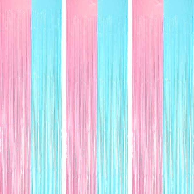 3 Pack 3.3 x 8.2 ft Pastel Blue and Pink Foil Fringe Backdrop Curtains, Tinsel Streamers Party Decorations, Fringe Backdrop for Grender Reveal, Baby Shower, Birthday Party