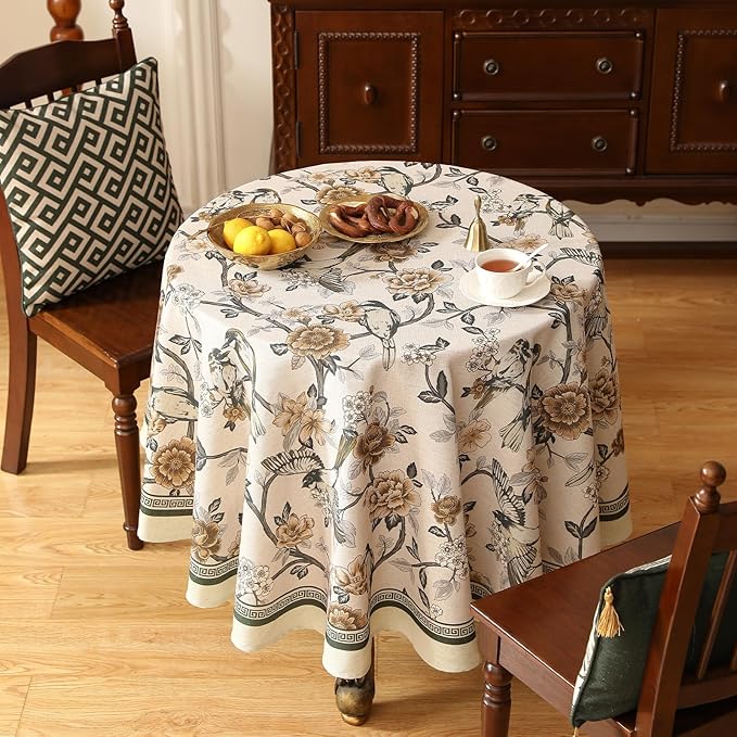 ISAENNE Designer Vintage Linen Round Table Cloth,Floral and Bird Pattern Elegant Tablecloth,Fall Wrinkle Resistant Home Decor Tablecloths for Dining Kitchen Christmas,Diameter 67"-Murad A