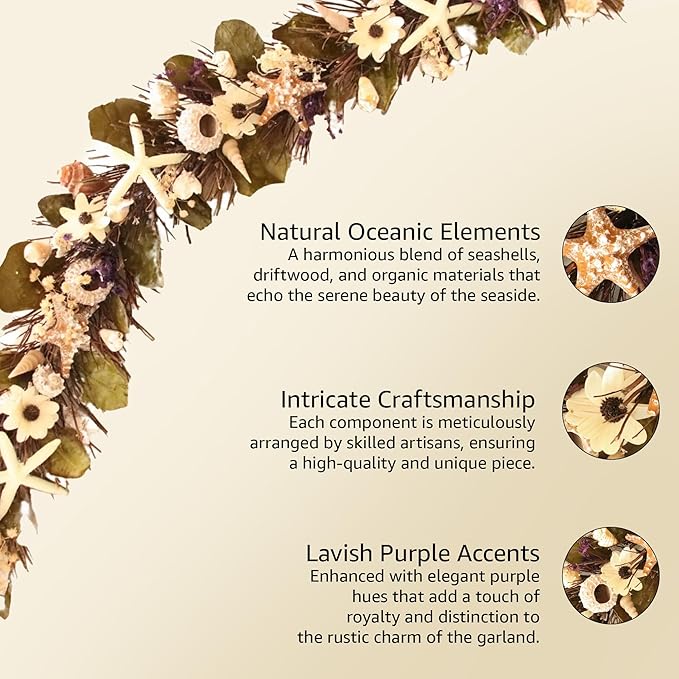 HOLIDAY TREE 5' Coastal Handcrafted Garland - Purple Accents, Natural Shells, Wood Twigs, Resin Starfish - Perfect Summer Garlands for Decoration.