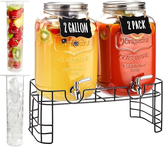 2 Gallon Glass Drink Dispenser for Parties, 2 Pack Beverage Dispenser with Stand, Lemonade Dispenser with 18/8 Stainless Steel Spigot, Leakproof for Sun Tea, Juice, Picnic, BBQ & Bars