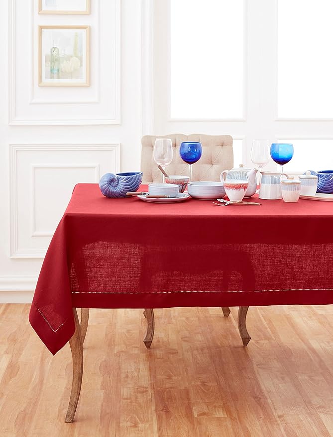 Solino Home Linen Red Tablecloth 60 x 90 Inch - Classic Hemstitch, 100% Pure Linen Rectangular Tablecloth - Machine Washable Table Cloth for Christmas, Holiday