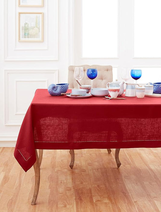 Solino Home Red Linen Tablecloth 52 x 52 Inch - 100% Pure Linen Square Table Throw - Classic Hemstitch, Machine Washable Table Cloth for Christmas