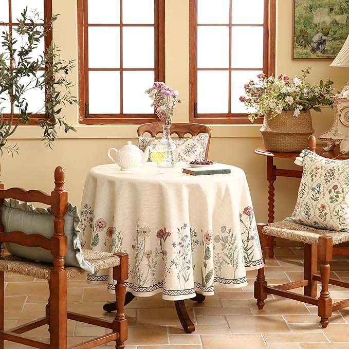 ISAENNE Designer Off White Linen Round Tablecloth,Floral Elegant Table Cloth,Stain Resistant Vintage Decor Tablecloths for Dining Thanksgiving Kitchen Christmas,Diameter 67"-Serenity G