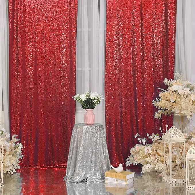 SquarePie Sequin Curtain Backdrop 2FT x 8FT Red 2pcs Background for Wedding Party Christmas