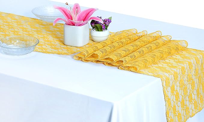 MDS Pack of 20 Wedding 12 x 108 inches Lace Table Runner for Wedding, Decorations for Birthday Parties, Banquets, Graduations, Engagements, and Runners fit Rectangle, Round Table- Yellow Gold