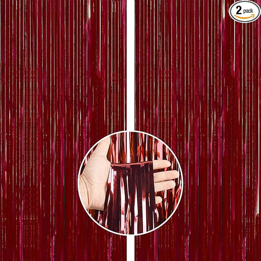 PartyWoo Red Streamers Fringe Curtain Backdrop 2pcs 8.2 ft Red Tinsel Foil Backdrop for Birthday Graduation Bachelorette Citizenship Strawberry Cherry Casino Movie Marry Me Theme Party Decorations