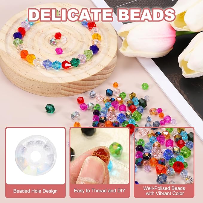PATIKIL 1000pcs 3mm Bicone Glass Crystal Beads, Faceted Glass Spacer Beads with Box for Jewelry Making Bracelet Necklace Earrings DIY Suncatcher Craft, Mix Color