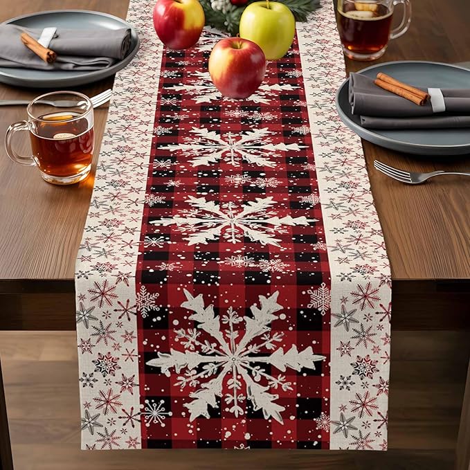 Buffalo Plaid Christmas Cotton Linen Table Runner for Dining Kitchen, Snowflake Red Black Check Wedding Outdoor Party Tablerunner Decoration, Retro Dresser Scarf Coffee Tablecloth Runners 13x60 Inches