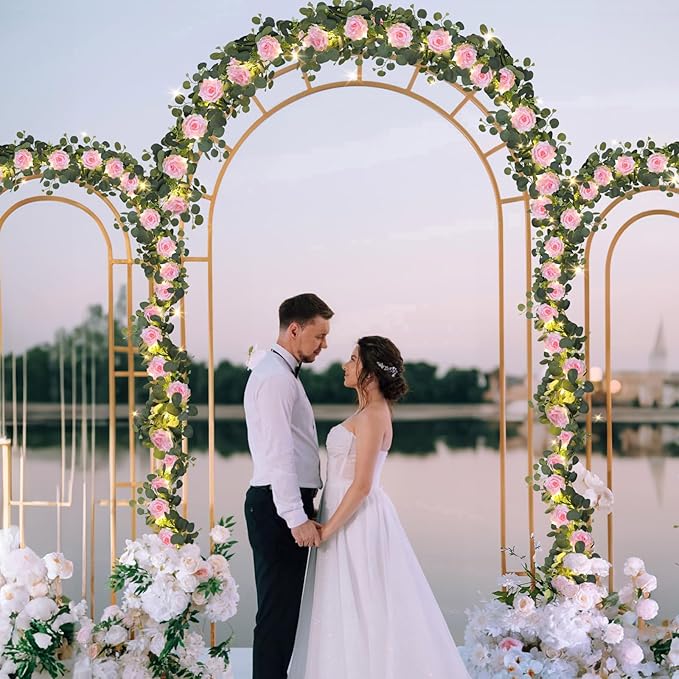 MACTING 4 Pack 26.4FT Eucalyptus Garland with Lights - Spring Gypsophila Flower Garlands with 48 Pink Roses Artificial Floral Greenery Vines for Arch Table Centerpieces Backdrop Party Wedding Decor