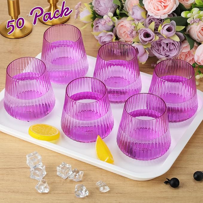 Suclain 50 Pcs Plastic Wine Glasses Ribbed Stemless Wine Glasses 14oz Vertical Design Unbreakable Cups for Outdoor Indoor Vintage Elegant Champagne Whiskey Cups for Party Wedding (Purple)