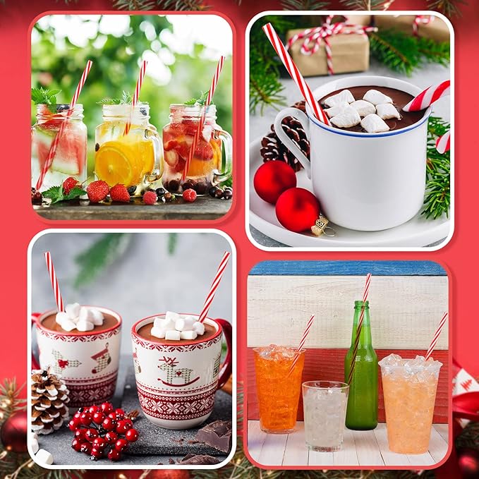 Vesici 9 Inch Plastic Striped Straws Reusable with Cleaning Brush Red Striped Hard Drinking Straws for Christmas Party Decoration Supplies(Red and White,50 Pcs)