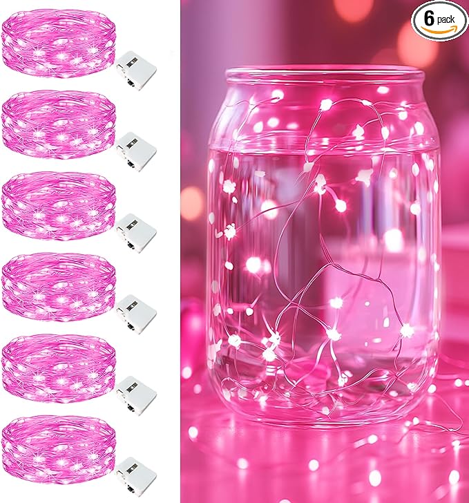 6 Pack Fairy Lights Battery Operated - 7ft 20 Led Twinkle Lights 3 Modes, Bulk Mini String Lights Waterproof for Mason Jars Vases DIY Party Wedding Decoration Christmas - Pink
