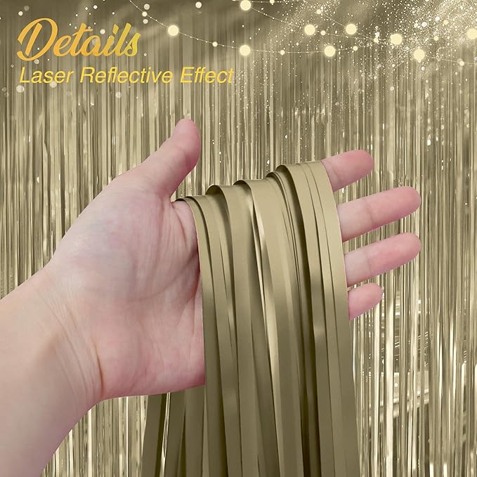 4 Pack Metallic Champagne Gold Fringe Backdrop, 3.2x8.2ft Shining Foil Tinsel Curtains, Birthday Party Decorations Door Streamers for Halloween, Christmas, Wedding, Graduation, Holiday, Theme Events