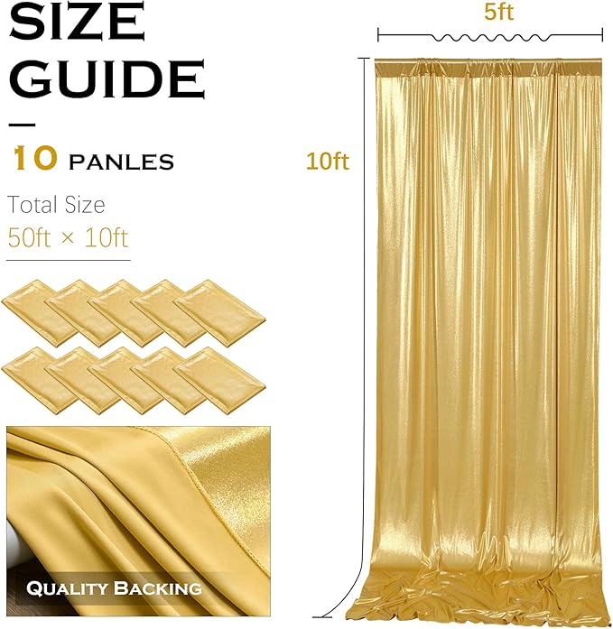 PartyVillage 50x10FT Gold Sequin Backdrop Curtain -10 Panels 5x10FT Wrinkle Free Shimmer Back Drop Cloth, Glitter Backdrop Drapes for Photography, Birthday, Wedding, Graduation Background