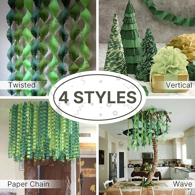 PartyWoo Sage Green Crepe Paper Streamers 4 Rolls 328 ft Pack of Hunter Sage Green Gold Sand White Crepe Paper for Jungle Safari Graduation Birthday Party Decorations (1.8 Inch x 82 Ft/Roll)