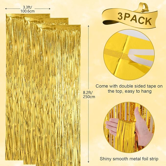 3 Pack 3.3x8.2 Feet Gold Foil Fringe Backdrop Curtains, Tinsel Streamers, Fringe Backdrop for 2025 New Years Eve, Graduation, Birthday, Baby Shower, Gender Reveal, Disco Party