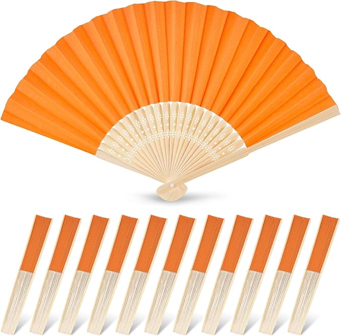 JOHOUSE 12 Packs Paper Folding Hand Fans, 8.3 Inch Orange Paper Fans Handheld Decorative Accessories for Wedding, Outdoor Party Favors, Bridal Shower DIY Decoration Photography Props